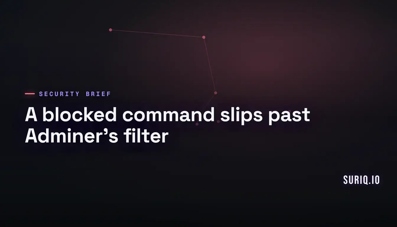 A mesh filter with one blocked item slipping through toward Adminer database server files