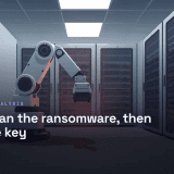 Robotic arm sealing server database units while a lost key lies on the floor