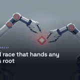Two robotic arms seize the same glowing Linux kernel component as a fracture spreads