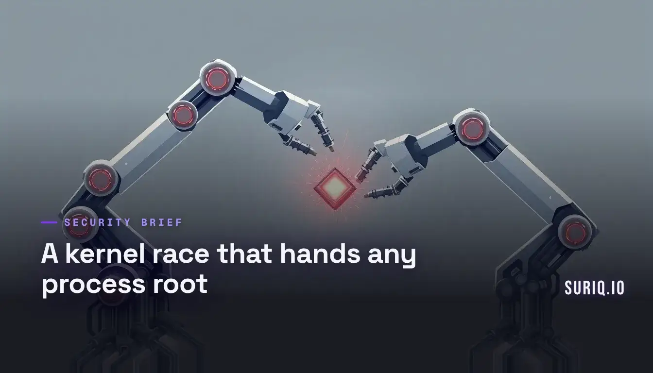 Two robotic arms seize the same glowing Linux kernel component as a fracture spreads