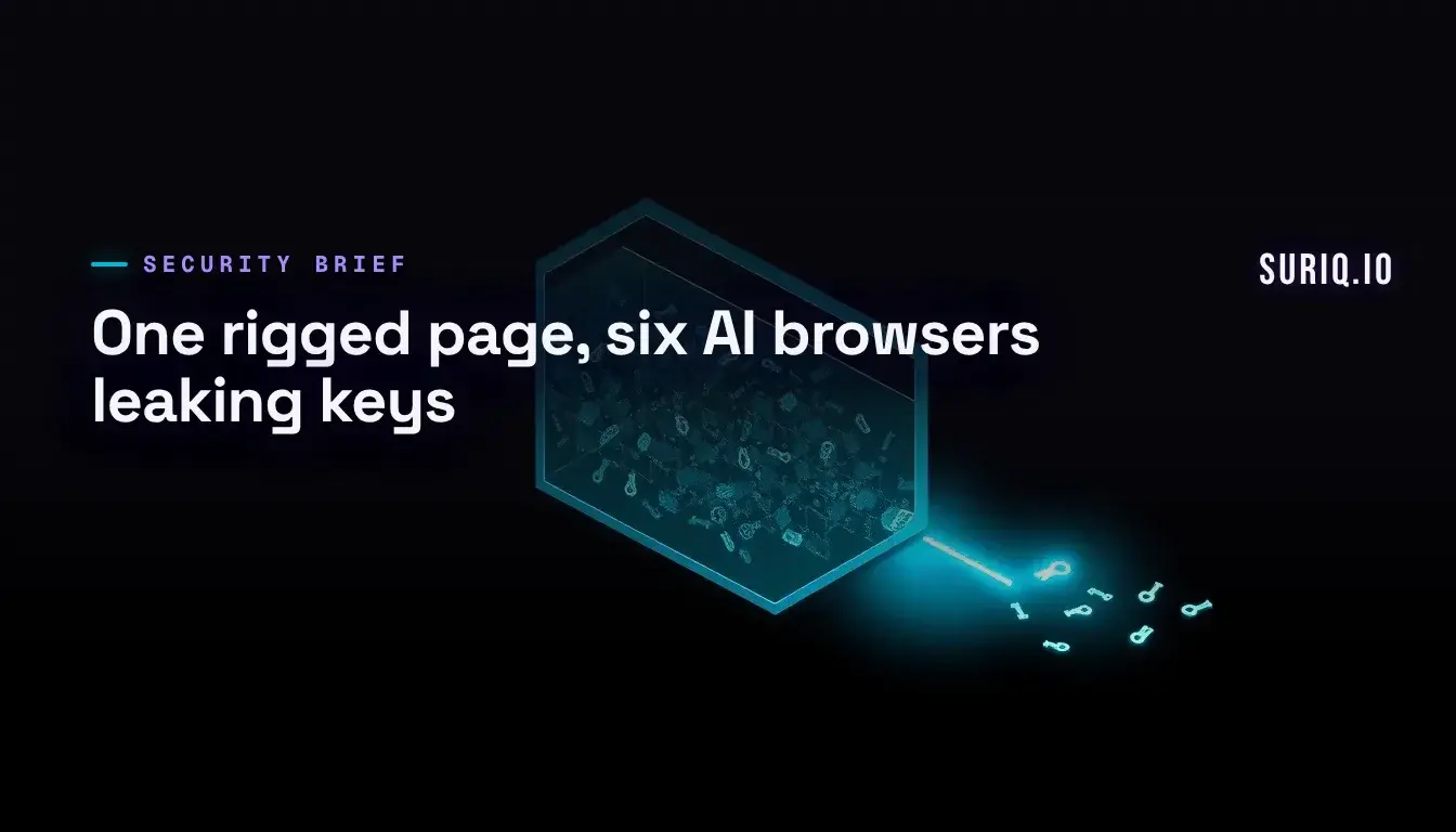 AI browser window as a puzzle board leaking a stream of small keys