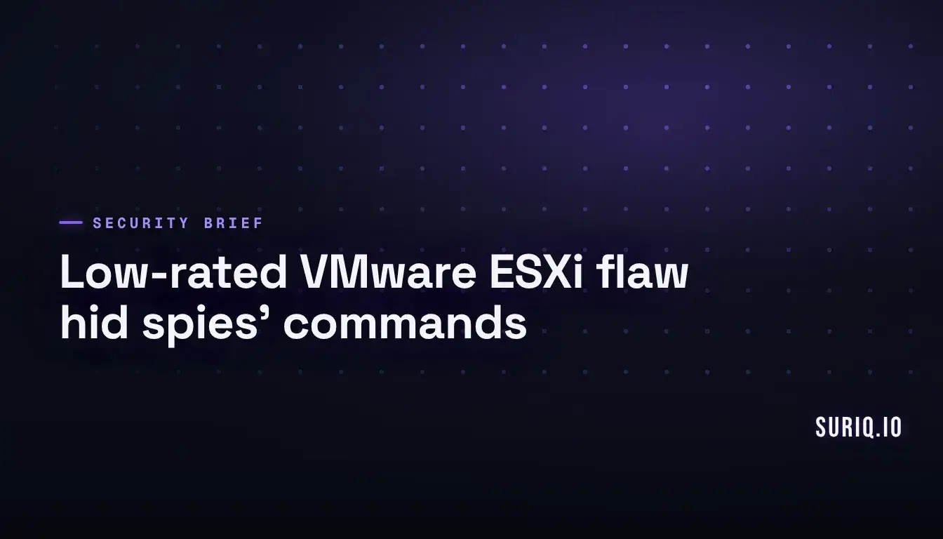 Dark dotted grid cover with a headline on a low-rated VMware ESXi flaw