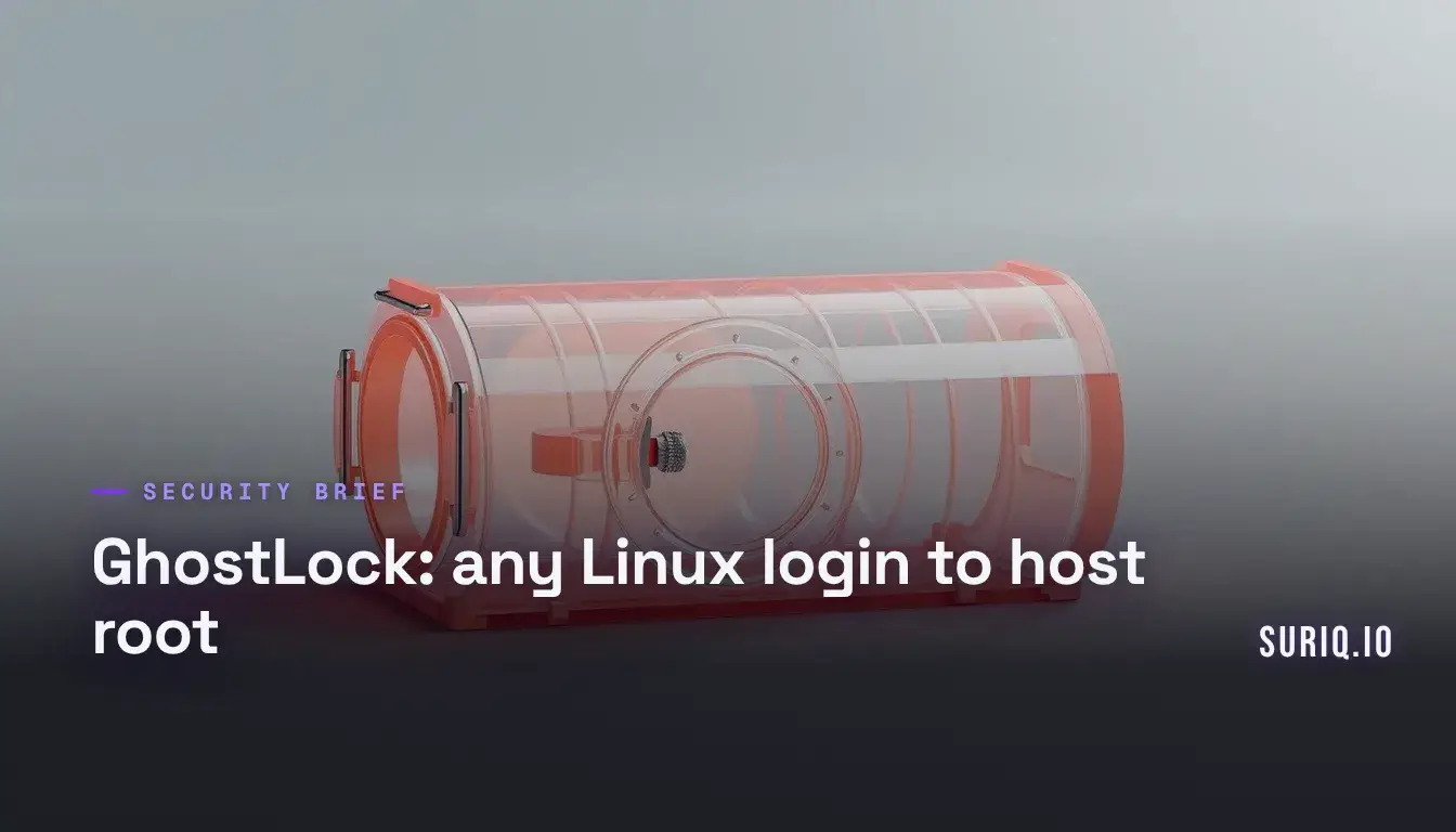 Cracked lock inside nested translucent container shells depicting a Linux kernel container escape to the host