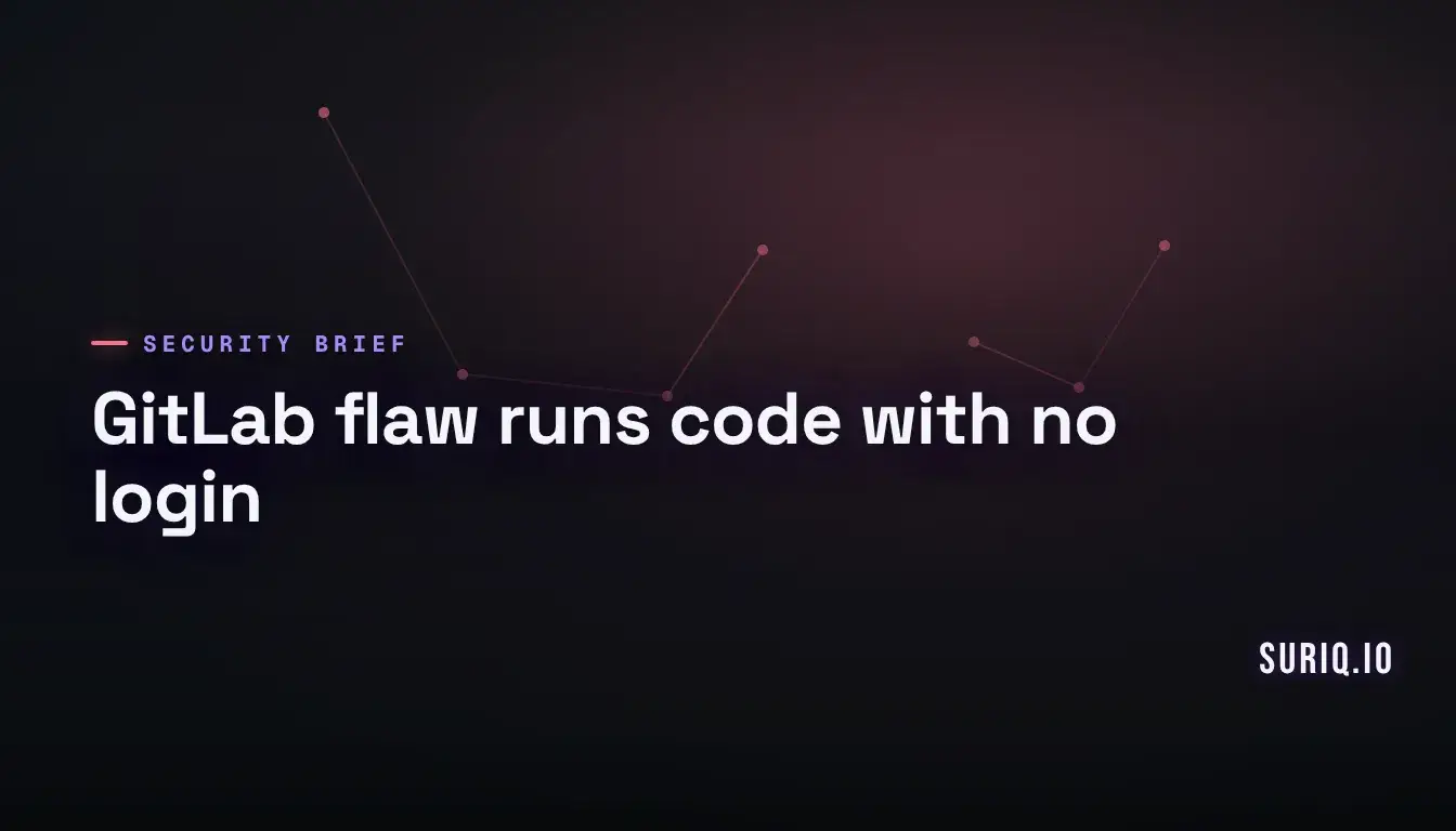 Overloaded build pipeline bursting through a server-room wall, illustrating GitLab's unauthenticated code-execution flaw