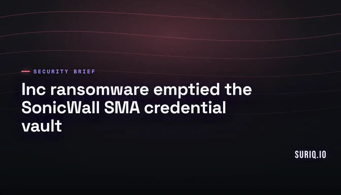 SonicWall remote-access gateway with an open vault spilling credential tokens into an internal network