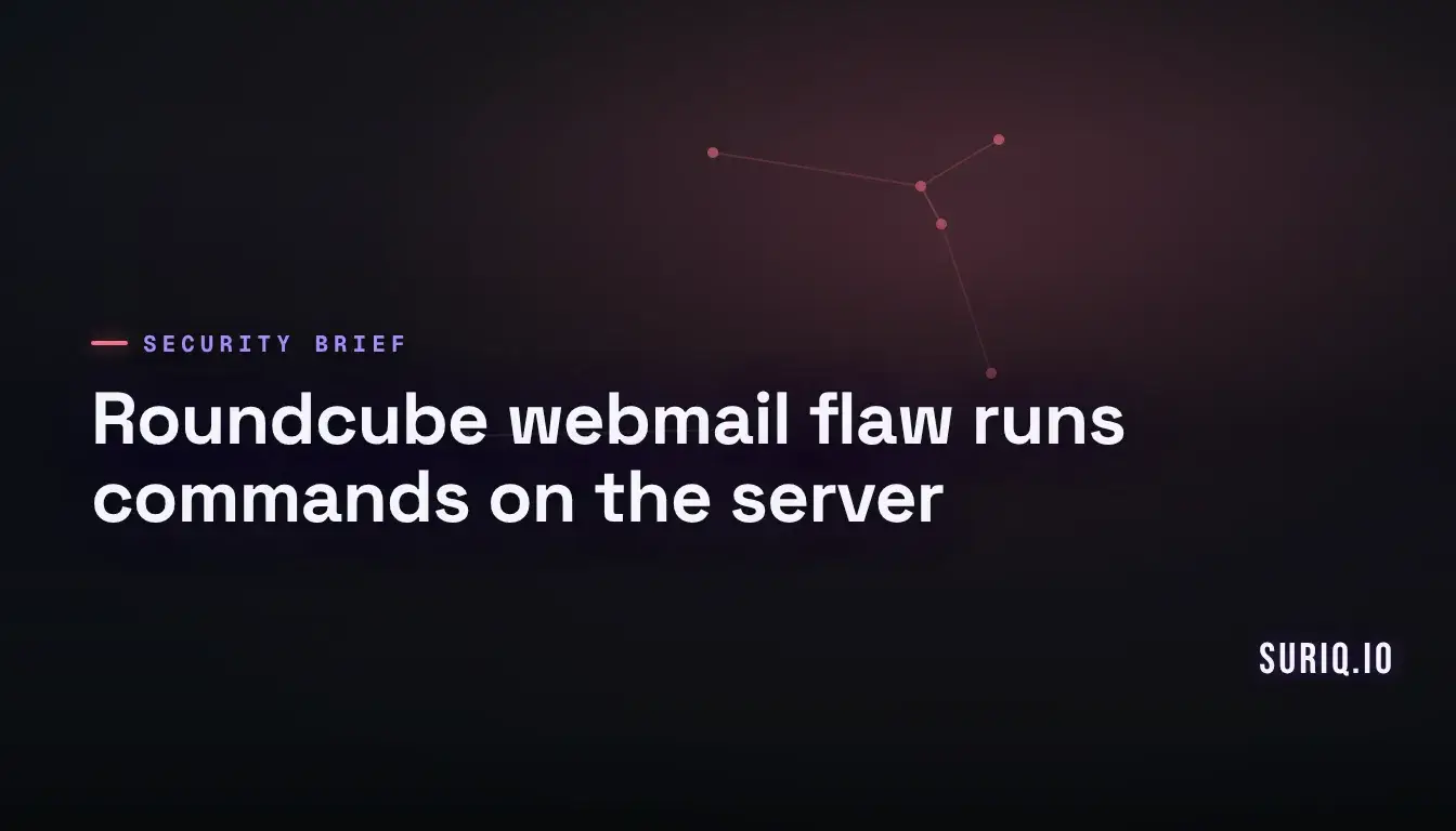 Email envelope turning into a server command line, illustrating the Roundcube webmail flaw