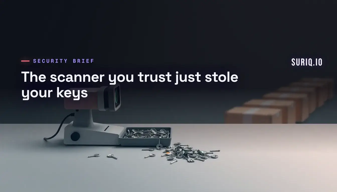 Inspection tool on a bench sifting a spilled tray of small keys beside a conveyor of crates