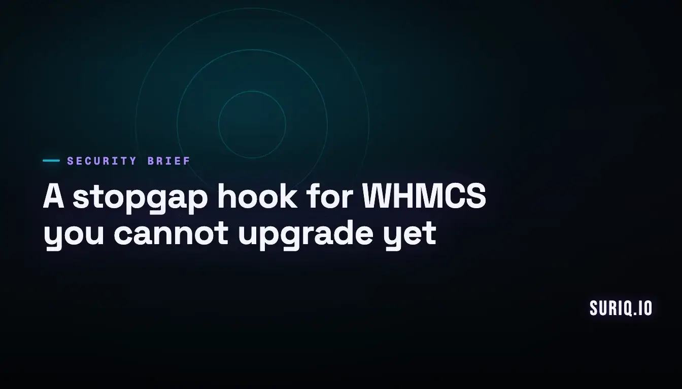 Abstract cover art for a WHMCS CVE-2026-67399 stopgap hook guide