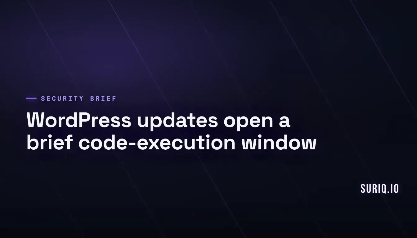 Dark gradient cover reading WordPress updates open a brief code-execution window
