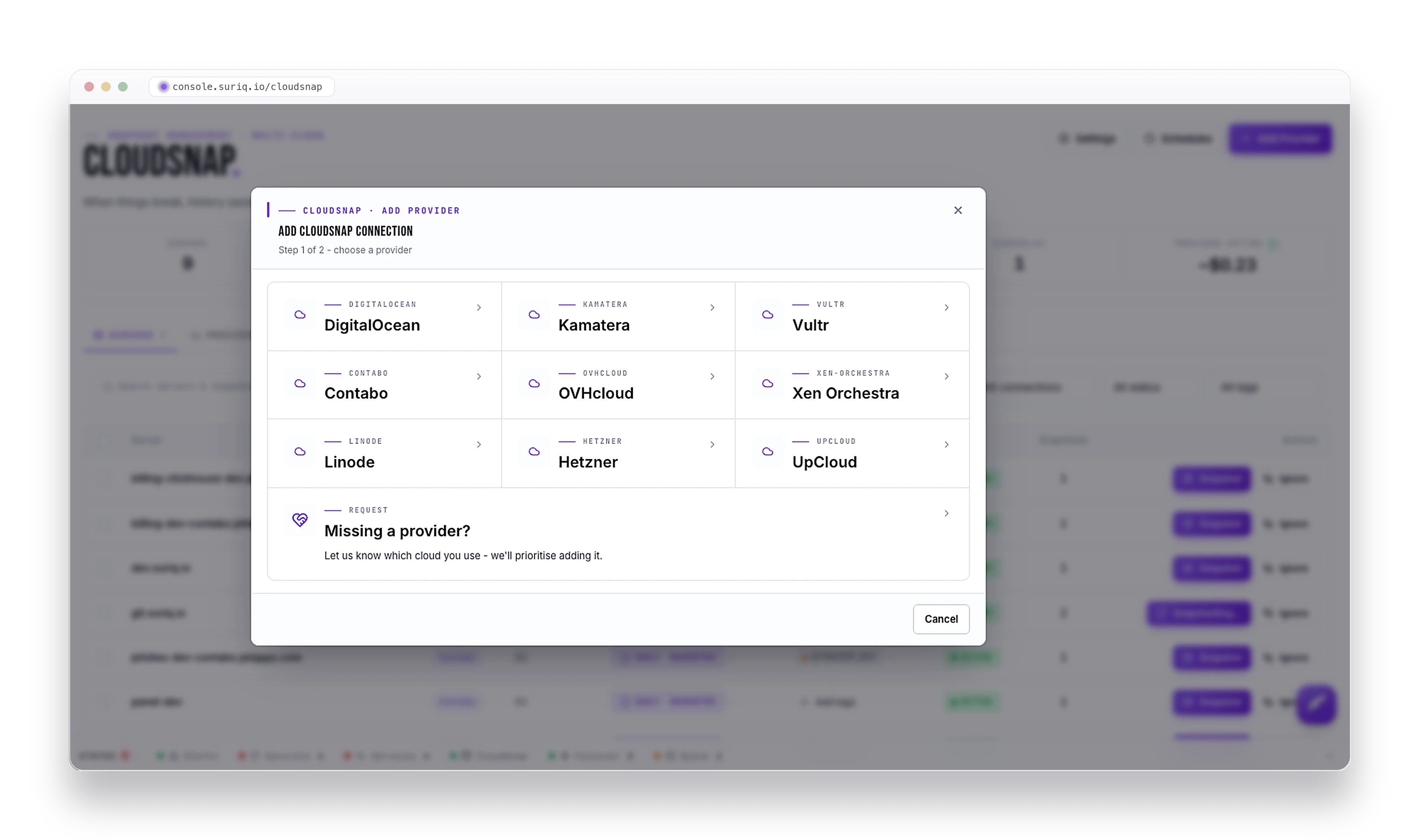 The CloudSnap add-connection screen offering the supported cloud providers to choose from, with a prompt to request a missing one.