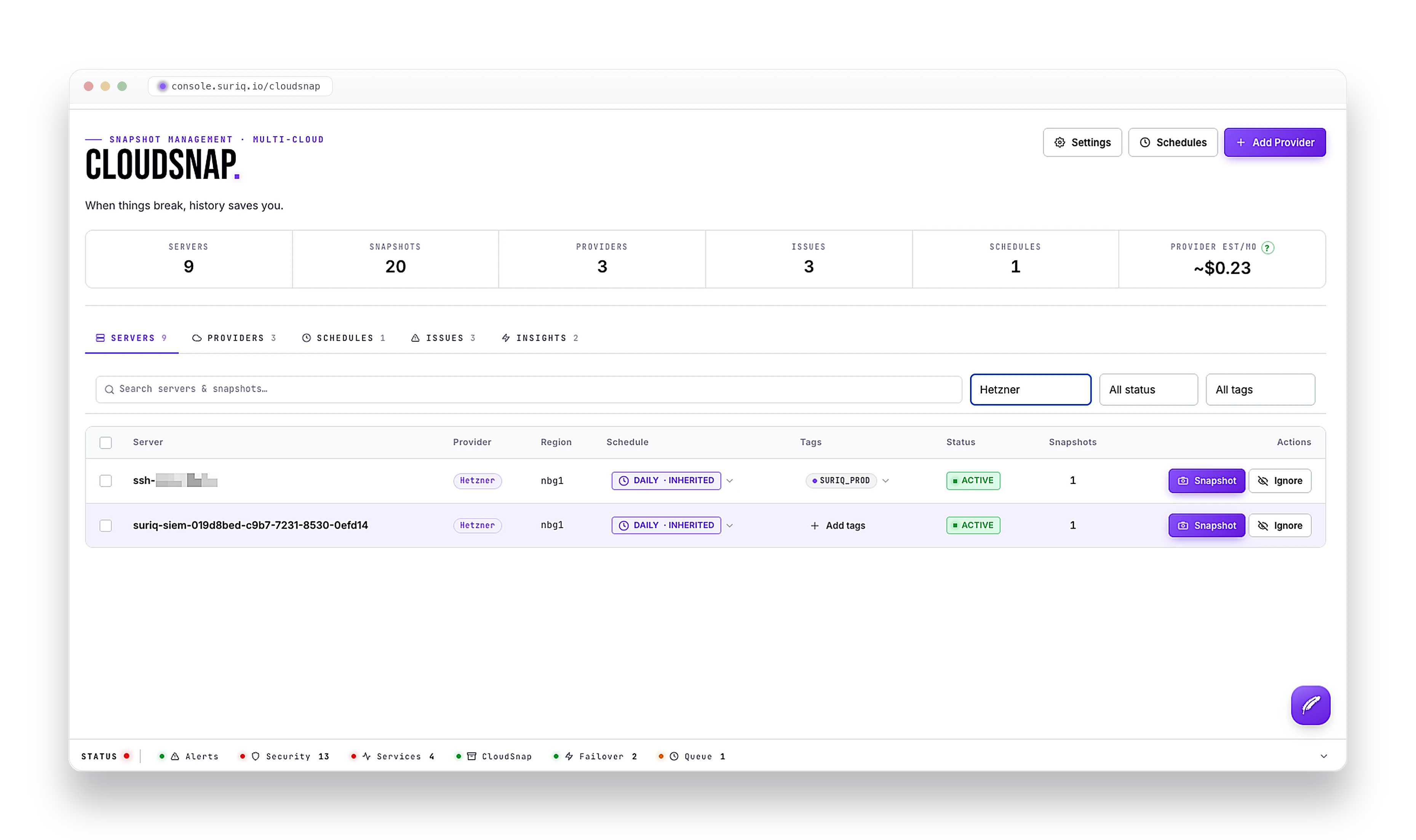 The CloudSnap dashboard listing servers across cloud providers with their snapshot schedules, tags, status, and snapshot counts.