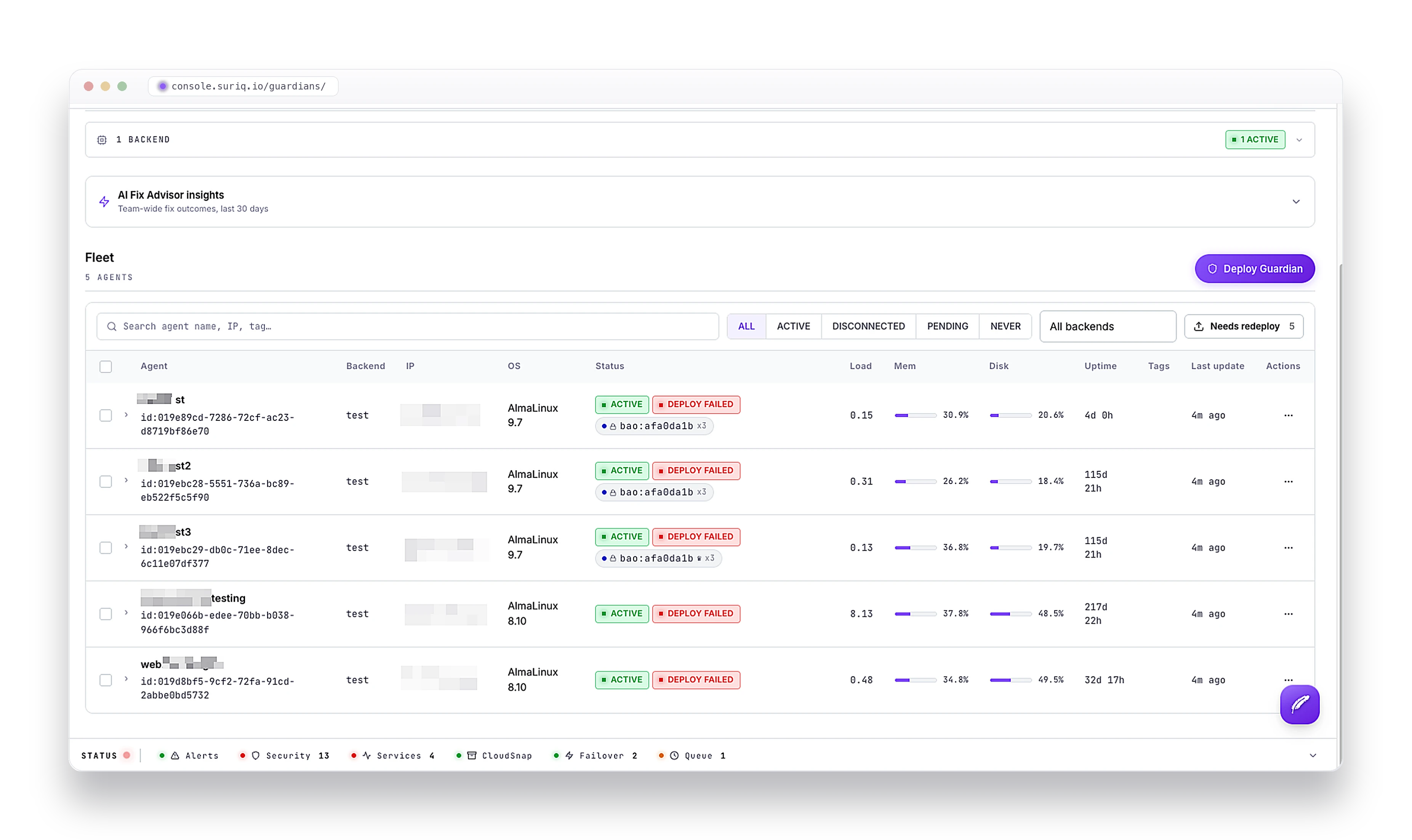 The Guardians fleet view listing agents across hosts with their status, operating system, and vulnerability counts.