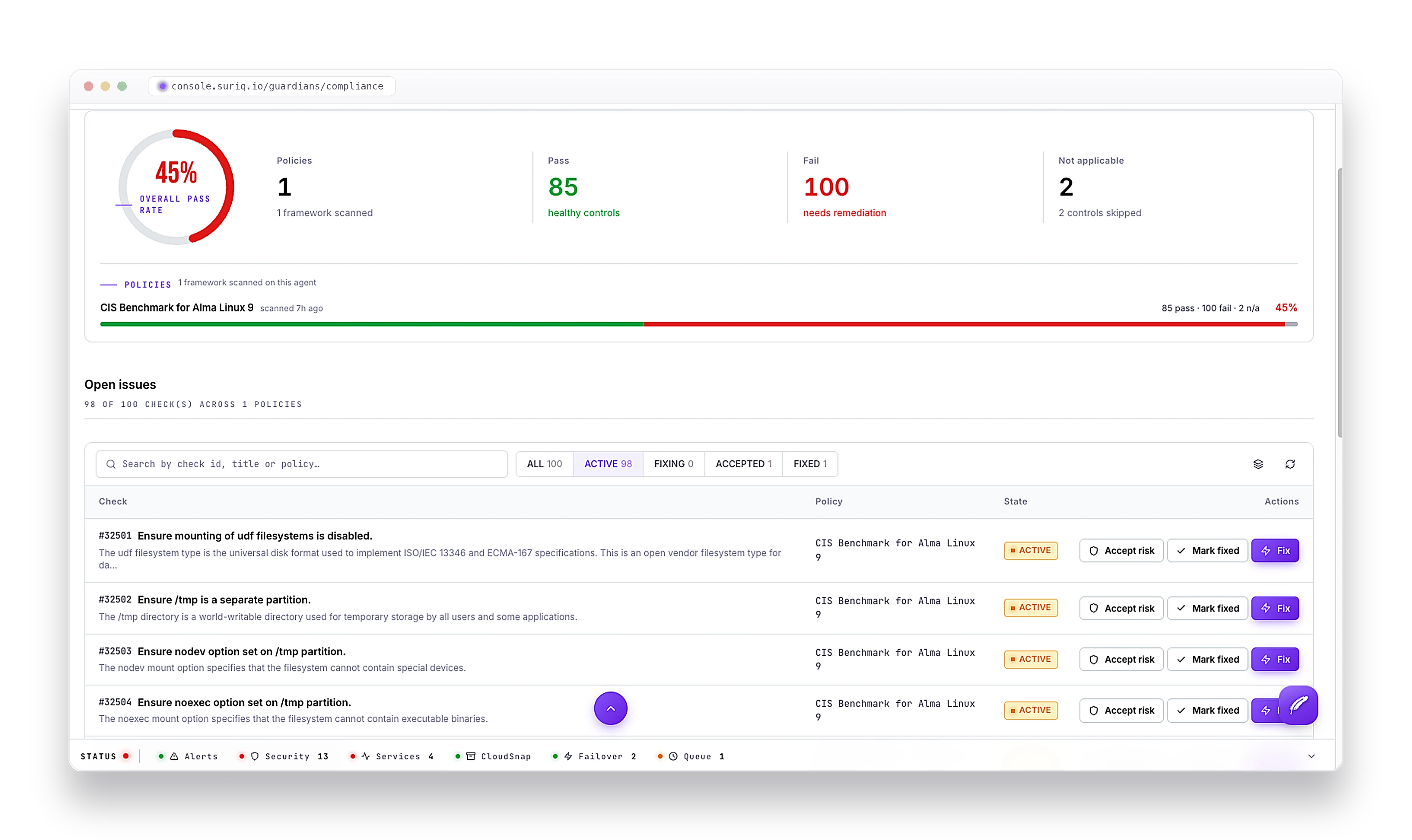 The Guardians compliance view showing a CIS benchmark pass rate and the open configuration issues per host.