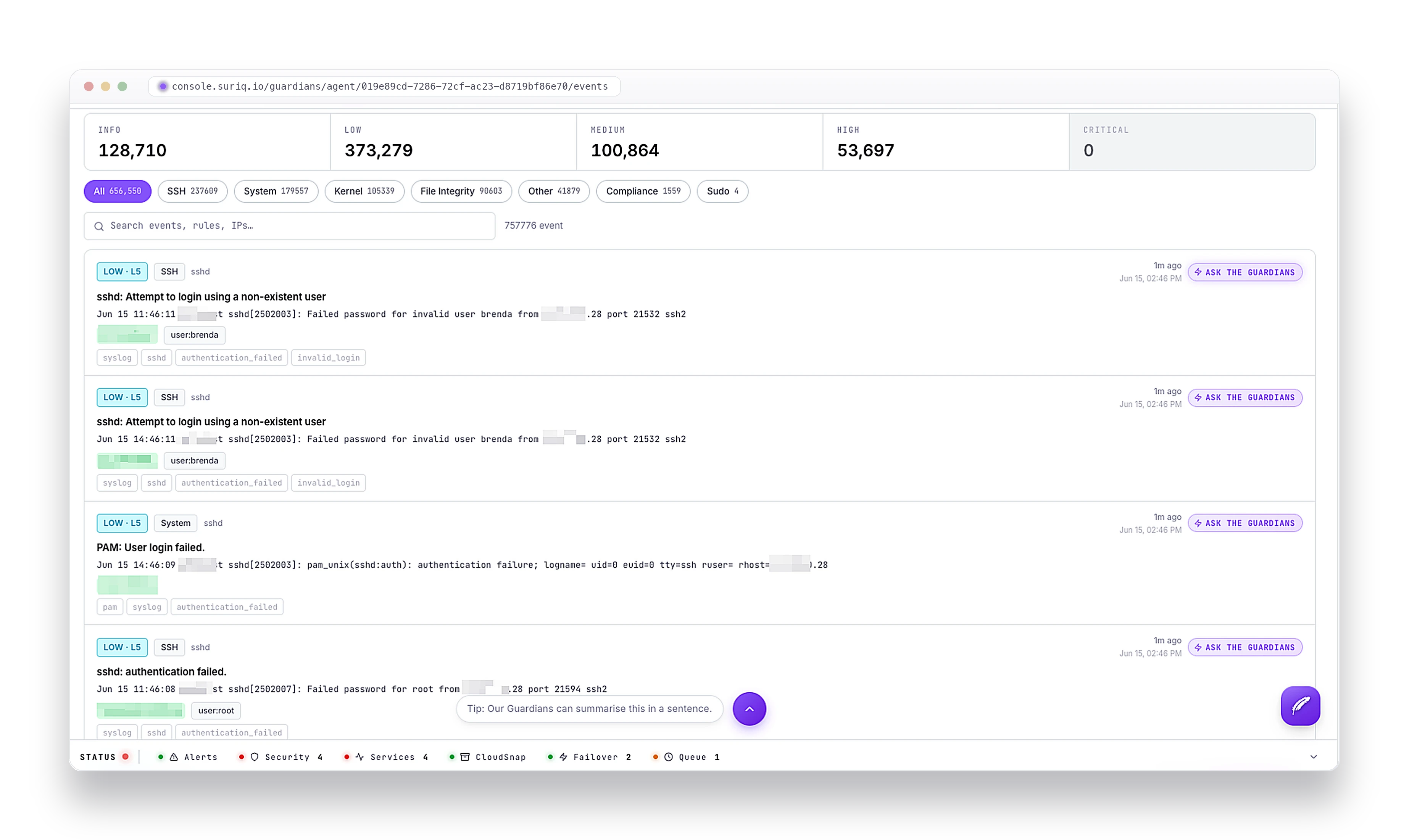 The events view: a searchable, filterable stream of security events from across the fleet, each with severity, source, and rule details.