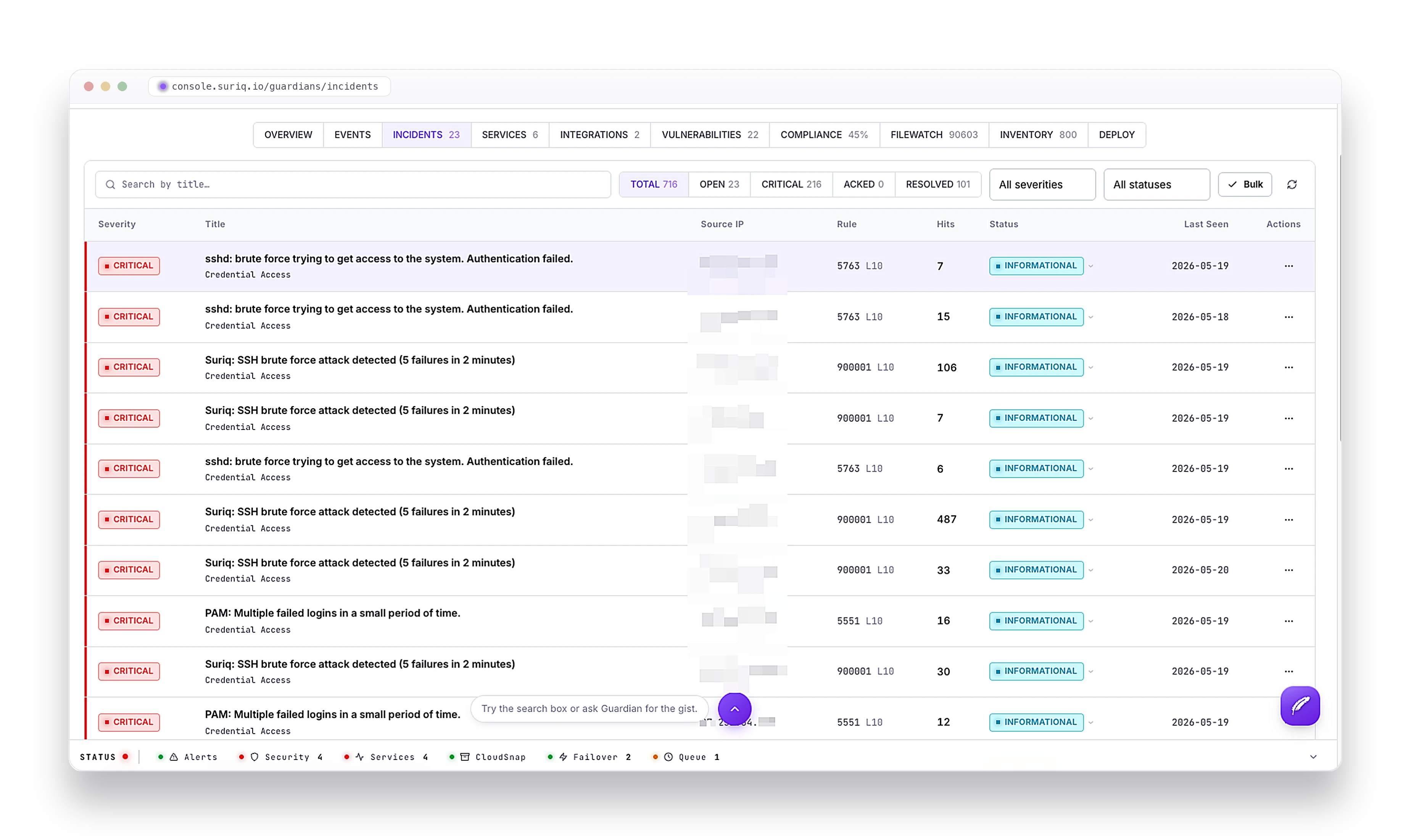The incidents view: a deduplicated queue of security incidents with severity, MITRE tactic, source IP, rule, hit count, status, and last seen.