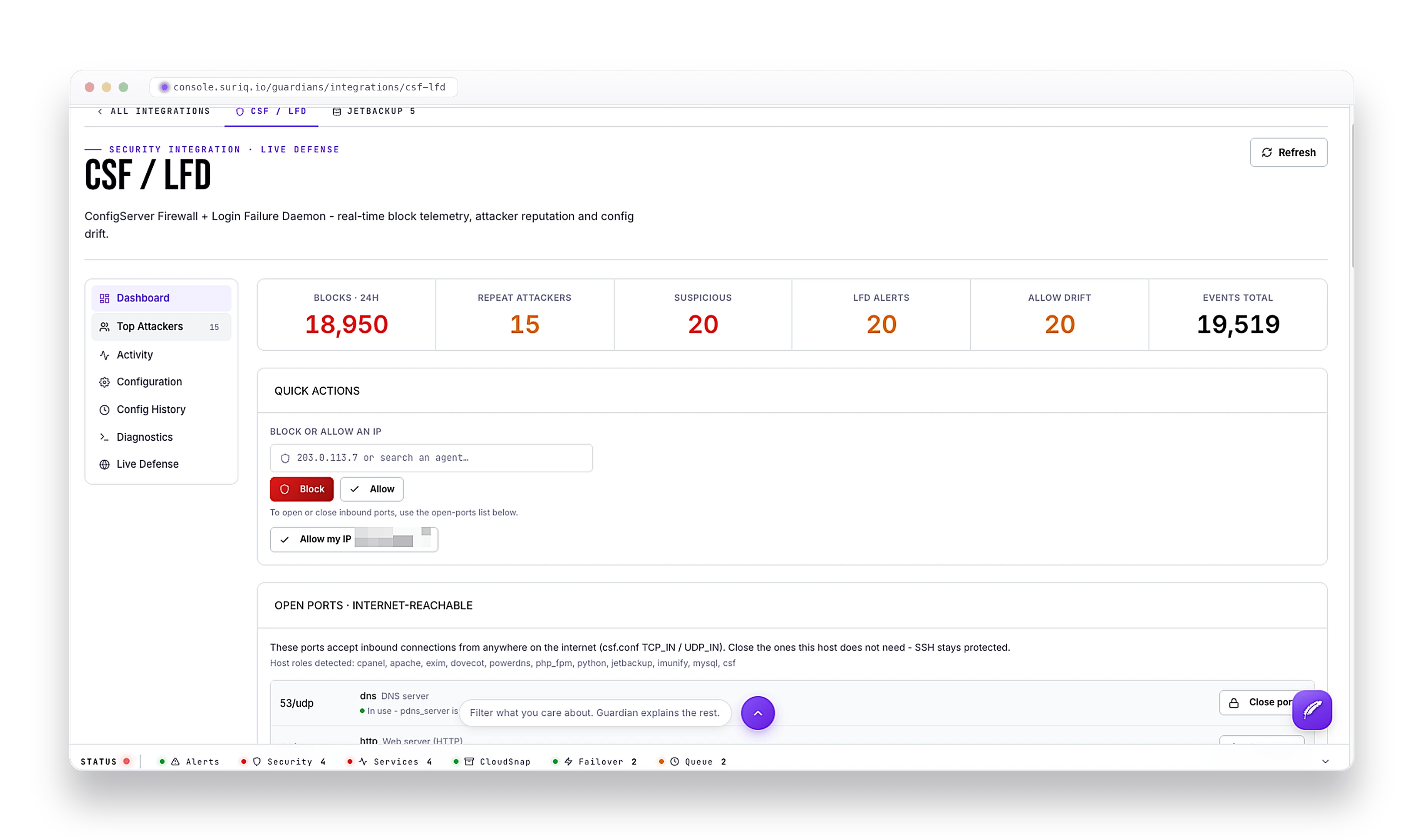 The CSF / LFD integration in the Suriq console: 24-hour blocks, repeat attackers, LFD alerts, quick block/allow actions, and internet-reachable open ports with detected host roles.