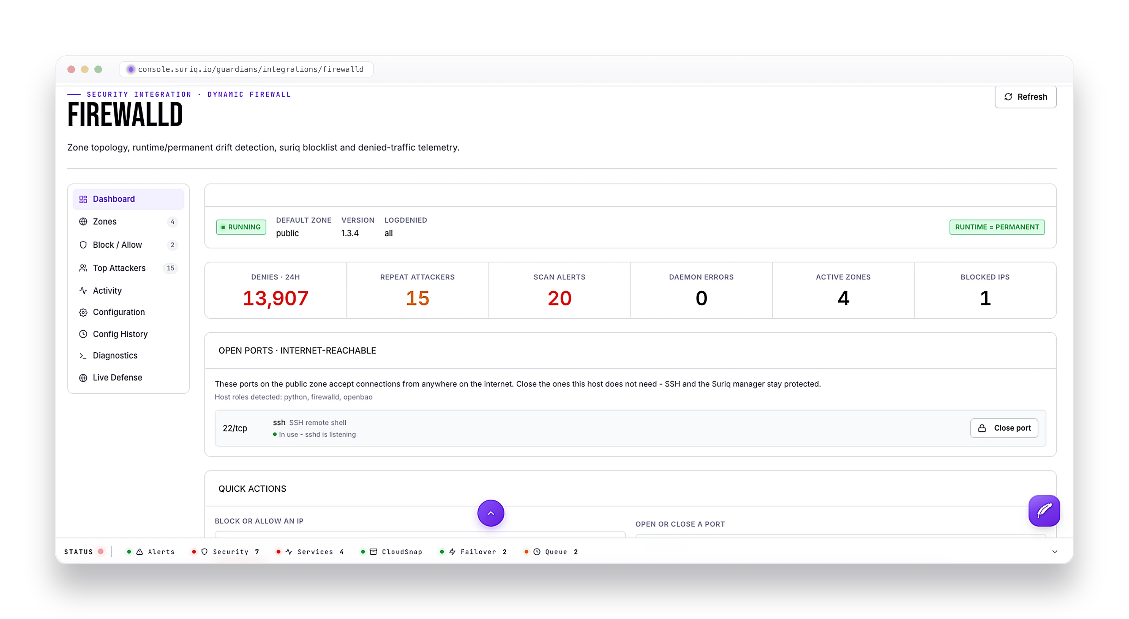 The firewalld integration in the Suriq console: running status, default zone and version, runtime = permanent badge, denies in 24 hours, repeat attackers, scan alerts, active zones, blocked IPs, and internet-reachable open ports with detected host roles.