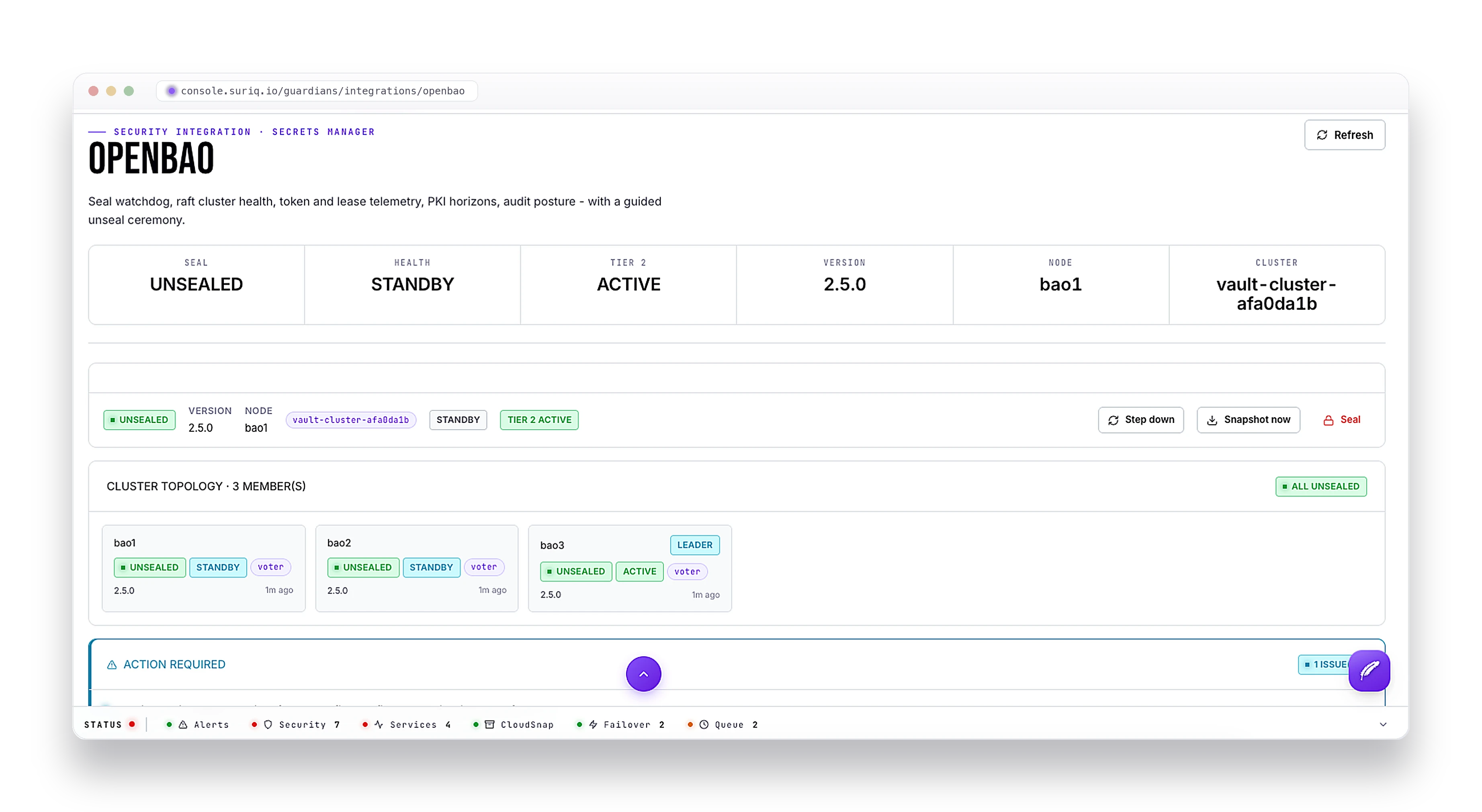The OpenBao integration in the Suriq console: seal status, cluster health, version and node, a three-member raft topology with leader and voter badges, and step down, snapshot and seal controls.