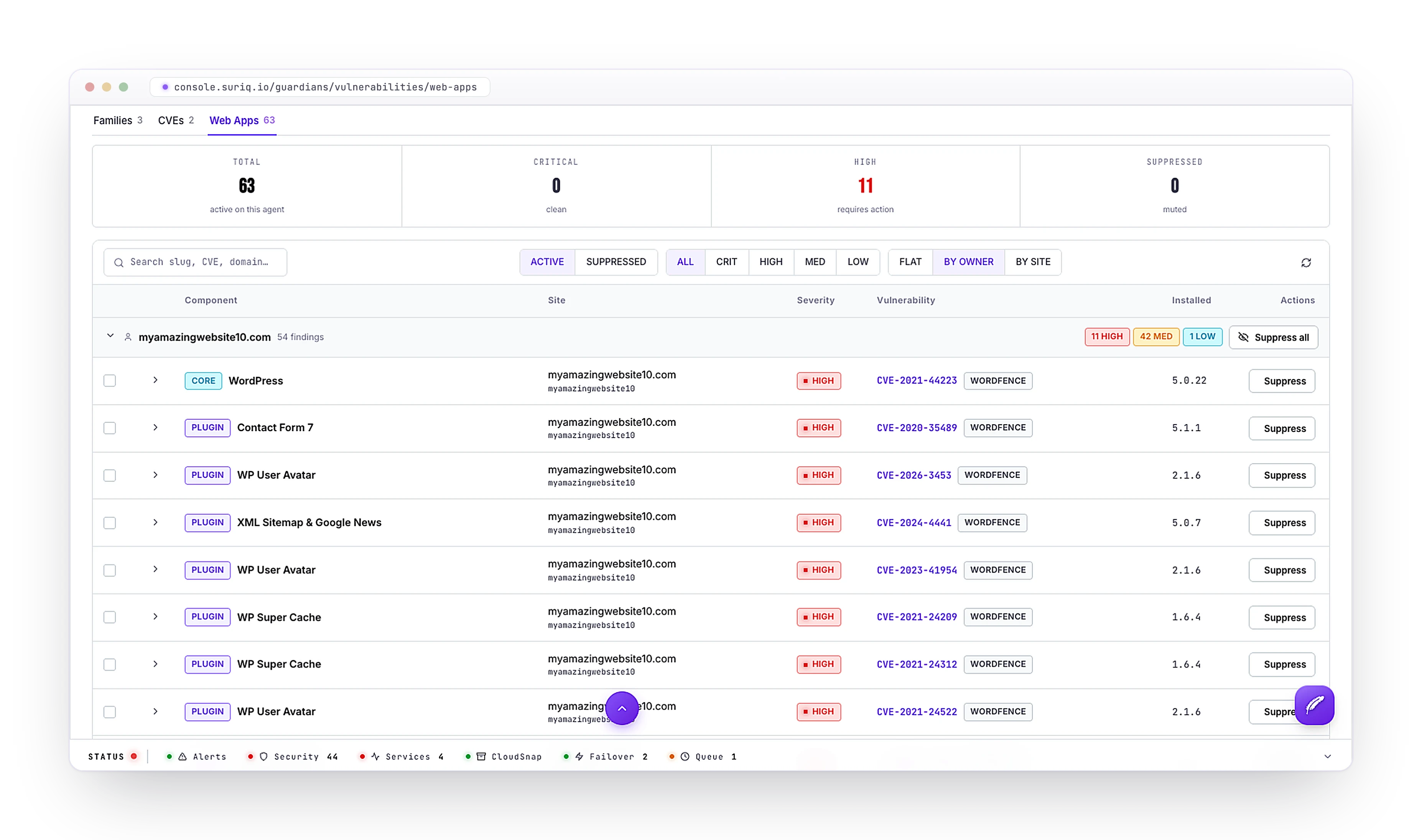 The Web Apps view in the Suriq console: WordPress vulnerabilities across sites grouped by owner, each finding showing the component, site, severity, the matched CVE from the Wordfence feed, and the installed version, with per-finding and bulk suppress controls.